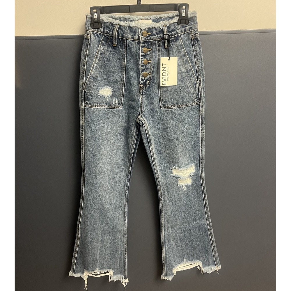 Evidnt Los Angeles Women's Saint‎ Denis Flare Distressed Raw Jeans Pants Size 25